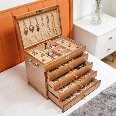 Boîte à bijoux en bois massif avec serrure à combinaison - Organisateur de bijoux haut de gamme pour colliers, bagues, montres et accessoires