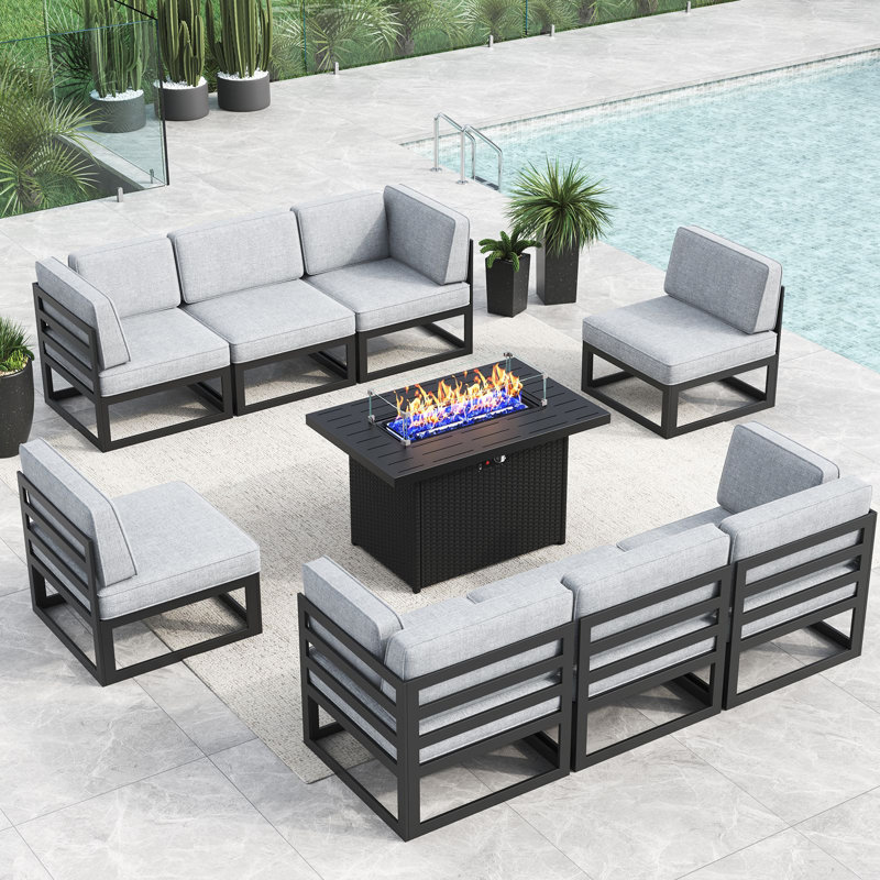 9 - Piece Outdoor Modular Sectional Set with Fire Table, Gray