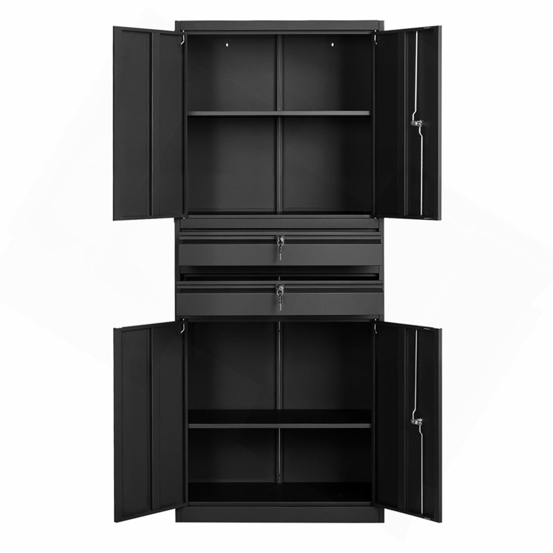Armoire de rangement métallique, capacité de charge par tablette de 82 kg, hauteur 180 cm, avec 4 portes verrouillables, étagères réglables et 2 tiroirs. Parfait pour le garage, la maison, le bureau ou la buanderie. Couleur : noir.