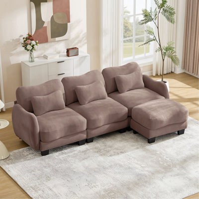 Chenille L-Shaped Sofa with 1 Movable Ottoman, Oversized 3-Seater Sectional with 3 Exquisite Waist Pillows,Ergonomically designed,Easy to Assemble Modular Couch