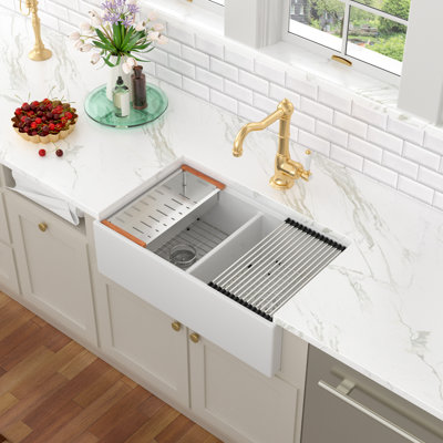 33'' L x 20'' W Ceramic Undermount Workstation Kitchen Sink, 50/50 Double Basin Kitchen Sink with Bottom Grid, Strainer, Roll-up Rack, Colander and Cutting Board