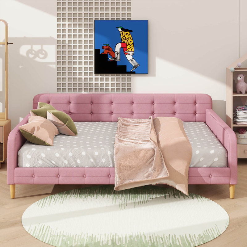Lit de jour recouvert de tissu avec pieds, Grand, Rose