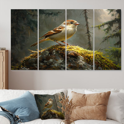 Oiseau moineau sur un rocher de forêt I - Art mural oiseau - ensemble d'art mural moderne
