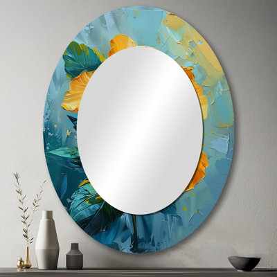 Décoration vibrante miroir hibiscus bleu et jaune - ovale jaune