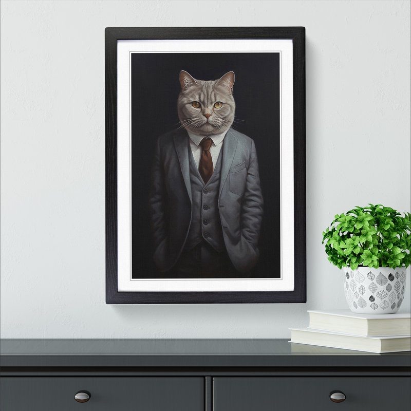 British Shorthair Cat in a Suit Painting No.2 - Framed Print, Black Framed, 34cm H x 25cm W x 2cm D