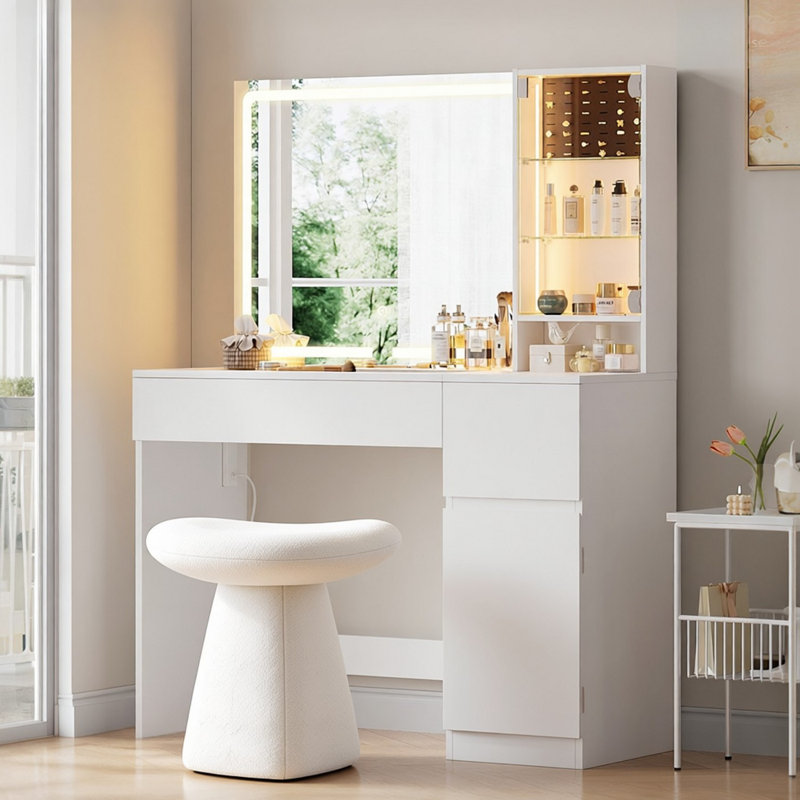 Terical Makeup Vanity with Glass Table and Charging Station, Vanity Table with Lighted Mirror, Drawers and Cabinet for Bedroom
