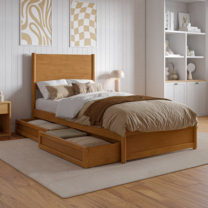 Lit plateforme en bois avec pied de lit et tiroirs de rangement Ronan, Très grand simple, Caramel clair