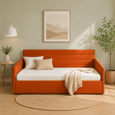Lit de jour orange rembourré avec rangement et système de levage hydraulique