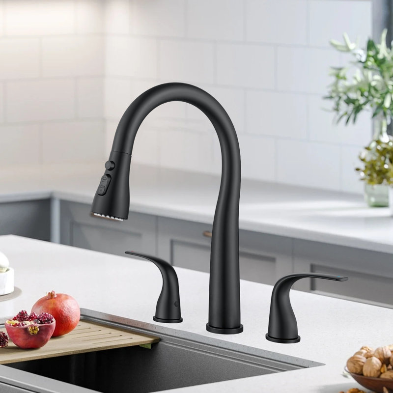 High Arc Kitchen Sink Faucet Kitchen Faucet 3 Holes With Pull Down Spray Head, 2 Handles With 3 Function Spray Heads, Stainless Steel