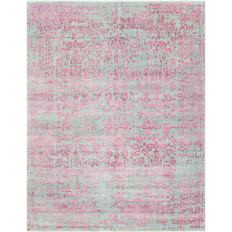 Tapis argenté et rose noué à la main de haute qualité, Rectangle 9 pi x 12 pi