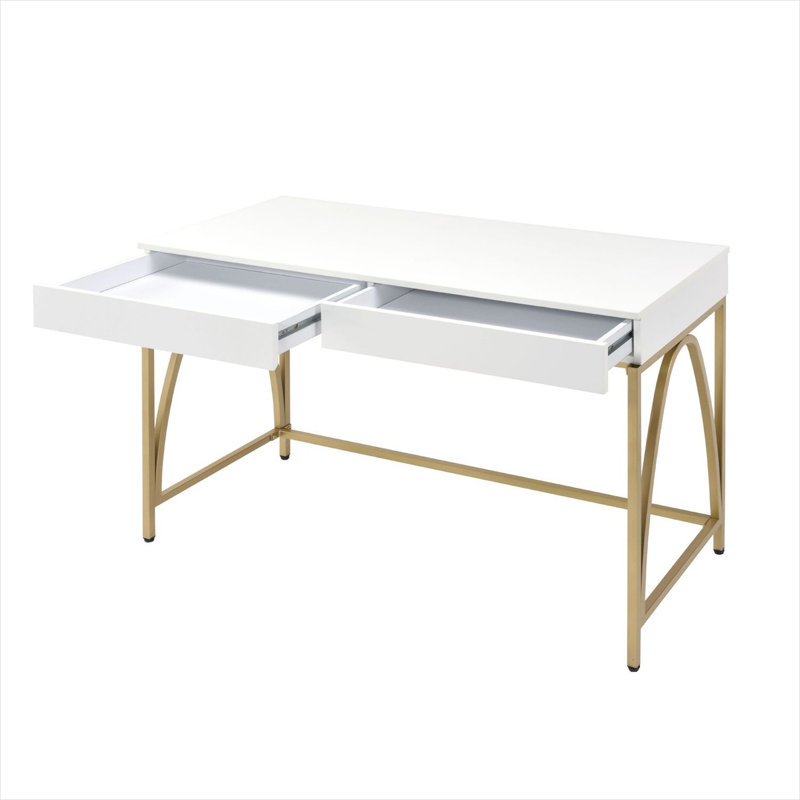 Bureau combinant rangement et largeur de 62 pouces avec piètement en acier doré et deux tiroirs (voir photo).