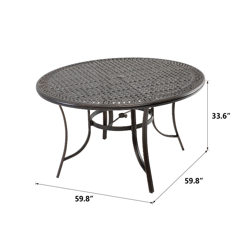 Ensemble de bar de salle à manger 7 pièces en fonte d'aluminium avec table ronde et chaises à dossier courbé en losange
