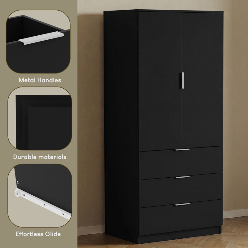 Modern 2 Door 3 Drawer Wardrobe with Hanging Space for Bedroom Storage & Organisation, Black