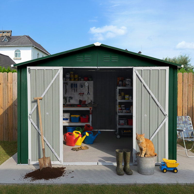 Metal Garden Sheds 8Ftx10ft Outdoor Storage Sheds Grey (Old Sku:W1350S00016), 75.25" H x 96.05" W x 120.05" D, Gray