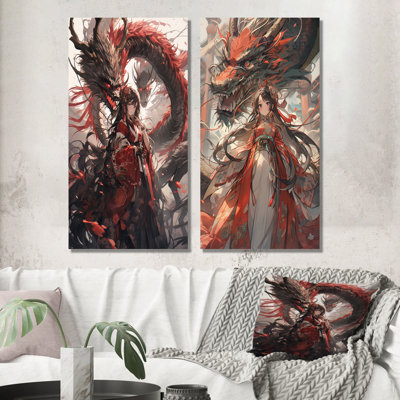 Ensemble de salon rouge rouge avec motif de princesse dragon I - femme asiatique