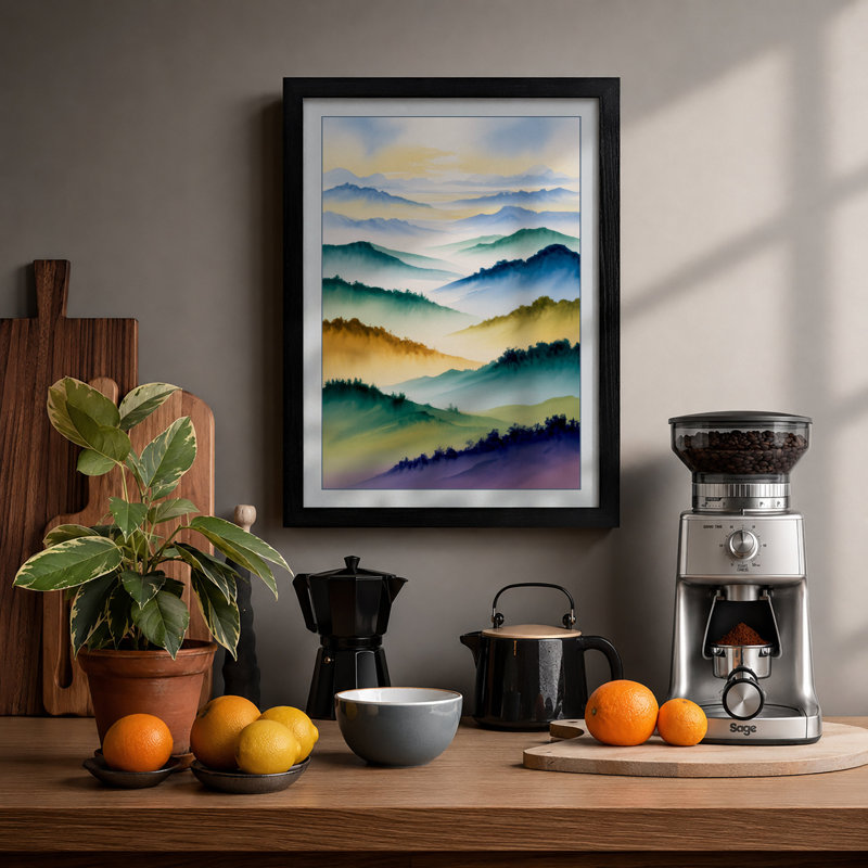 Mountains At Sunrise Scandinavian - Print, A2 - 59.4 x 42.0 cm, Black