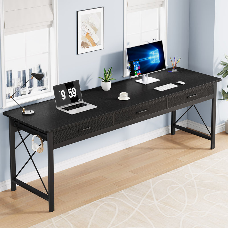 Tayesha 78.74'' W Double Computer Desk, Two Person Desk with 3 Drawers & 4 Hooks, Black