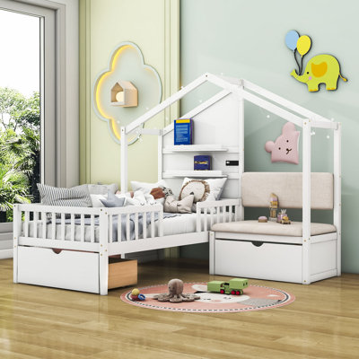 Boyadjis Twin 2 Drawers Wood Platform Bed with Upholstered Sofa and Shelves by Harper Orchard by Harper Orchard