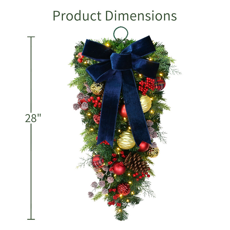 Guirlande de Noël 28 pouces avec 70 lumières DEL blanc chaud, 95 branches réalistes et baies rouges et pommes de pin, à piles