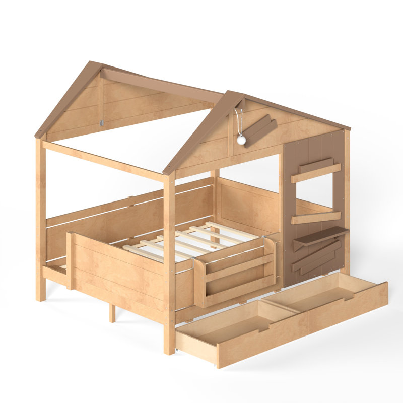 Solid Wood Bed with Built-In Stairs, Full, Light Natural