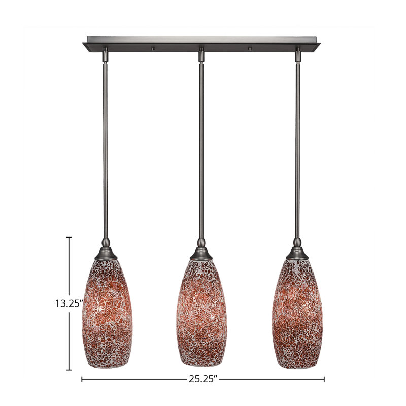 3 Light Stem Hung Linear Pendalier Shown With 5" Fusion Glass, Red, Brushed Nickel, 13.25" H x 25.25" W x 5.5" D