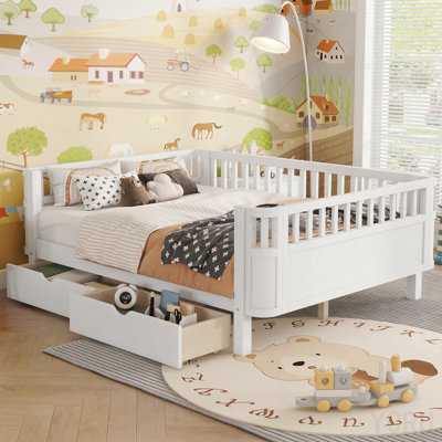Full Size Wood Platform Bed for Kids, Wood Low Profile Full Bed with Rails for Girls and Boys, White