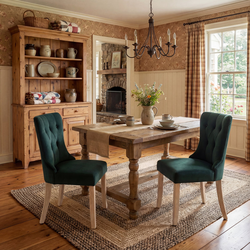 18.9'' Seat Height Mid Century Modern Dining Chairs With Solid Wood Legs, Upholstered Armless Dining Room Chair Side Chair For Kitchen Bedroom Reading Nook, Green Suede Velvet