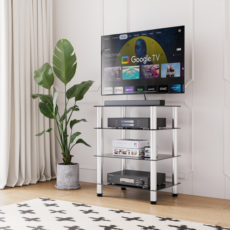 Modern Audio Cabinet With 4 Tier Glass Shelf, Grey