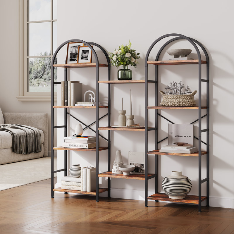 4 Tier Arched Triple Column Bookshelf, Industrial Metal Frame Open Display Storage Shelf for Living Room Home Office, Brown