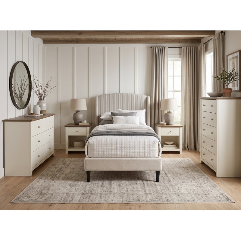 Ensemble de chambre à coucher 5 pièces Moreland, Beige / ivoire / chêne noueux, 5 Pcs: Bed, 2 Dressers, 2 Nightstands, Twin