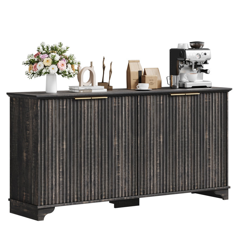 61" Large Buffet Sideboard Cabinet With 4 Fluted Doors And Storage, Dark Oak