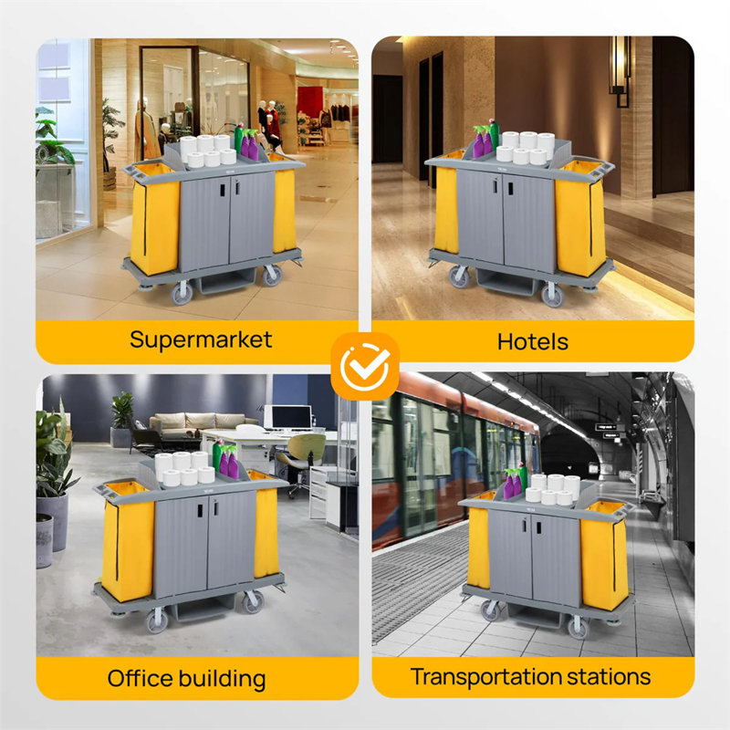 60" Multifunctional Housekeeping Hotel Cart Janitorial Cart With Locking