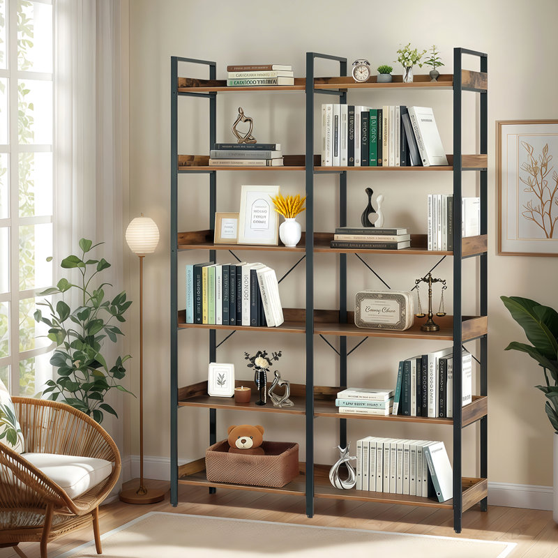 67" 6 Freestanding Metal Frame Bookshelf With Open Shelves, For Bedroom, Living Room, Office - Brown And Black, Edge Guards, Stable Structure Shelf Bookcase Frame, Storage Black Design, Rust Coating