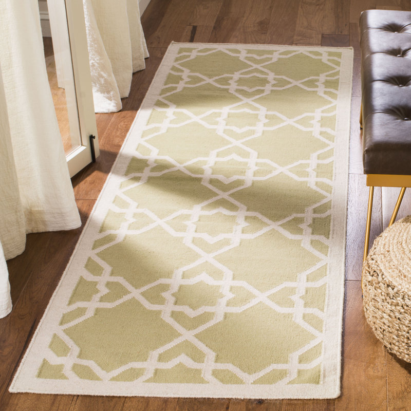 Moonsu Hand Woven Flat Weave Wool/Cotton Geometric Rug in Olive/ivory, Runner 2'6" x 12'