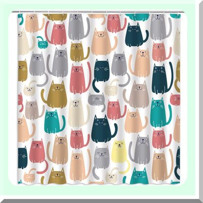 Happy Kitty Haven: Cartoon Cat Shower Curtain for Animal Lovers - Cute, Colorful, and Fun Bathroom Decor Set with Hooks