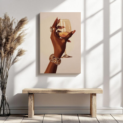 Plat en 2 dimensions, art mural sur toile encadré 1pc, main élégante, verre à vin et bijoux, impression d'art sur toile de style Art nouveau, décoration murale, cadeau idéal, prêt à accrocher