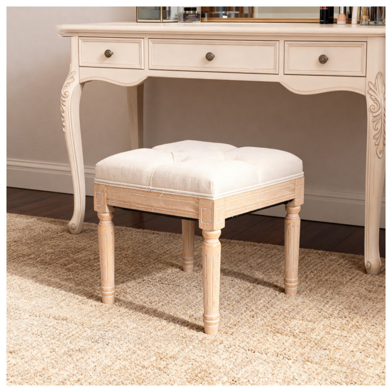 Beige Rustic Upholstered Vanity Stool - Small Square Padded Ottoman Bench with Solid Rubber Wood Legs for Bedroom, Entryway & Dining Room