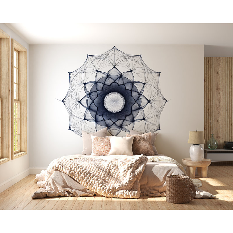 Adhésif décoratif mandala bleu marine, art mural géométrique grande chambre à coucher, tête de lit amovible Boho 094Mv