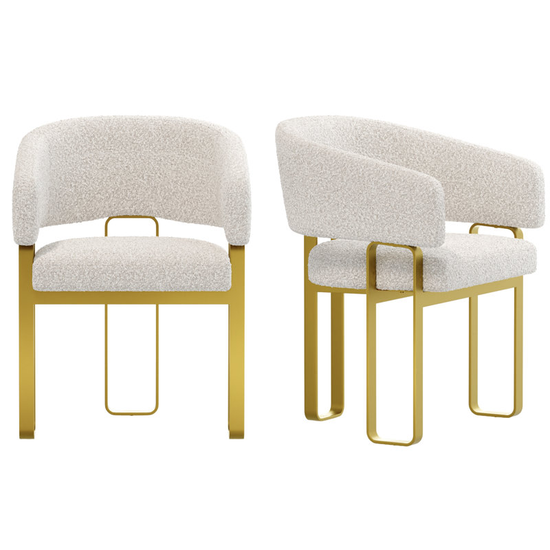Ensemble de 2 chaises de salle à manger de luxe rembourrées blanches avec accoudoirs et structure en métal doré brossé