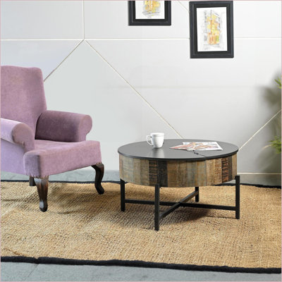 Table basse rustique en bois de manguier rétro avec rangement caché, base en fer robuste pour salon