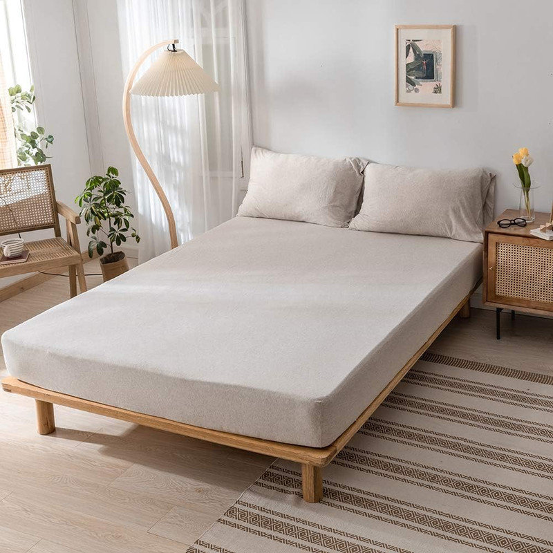 Drap-housse en coton tricoté 3 pièces DONEUS, Drap-housse grand avec 2 taies d'oreiller, Beige