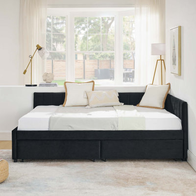 Upholstered Tufted Bed Frame with Two Drawers, Sofa Bed Frame with Comfortable Backrest and Armrests