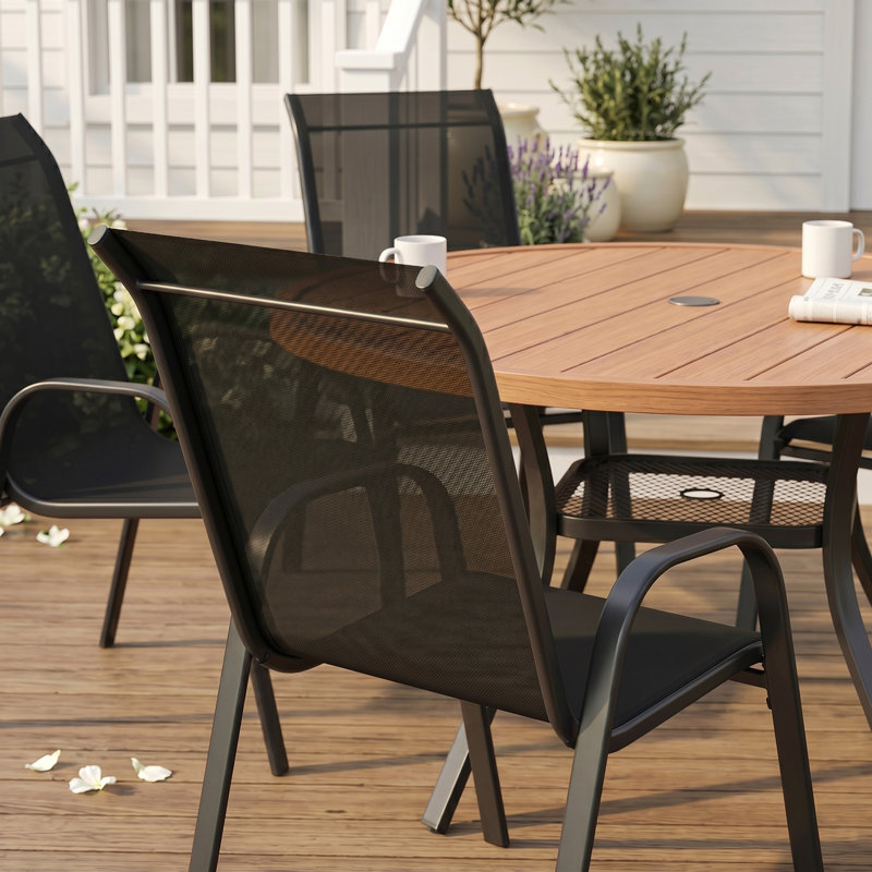 6-Person Round Patio Dining Set With Stackable Textilene Chairs, Brown/Black