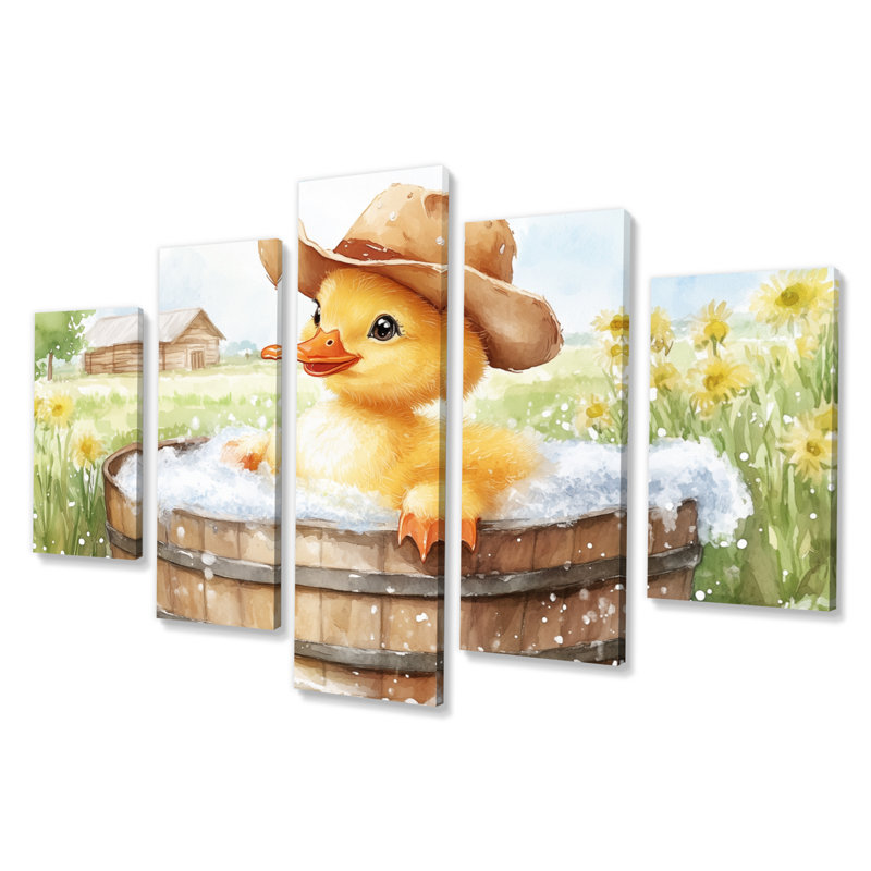 Mignon canard avec un chapeau de cowboy prenant un bain de ferme II - Ensemble de décoration murale de salle de bain