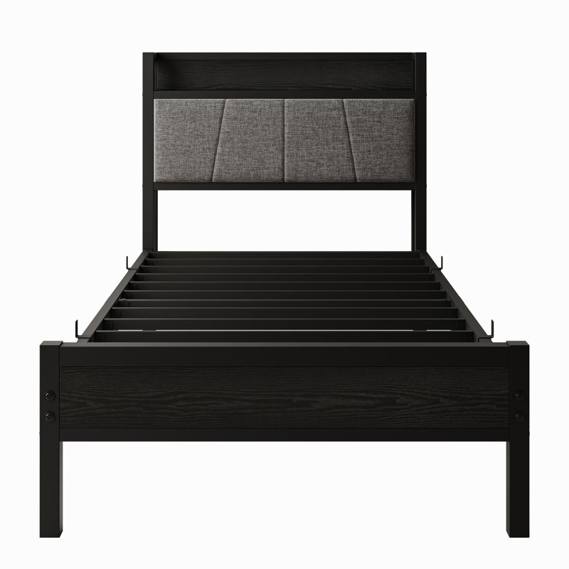 Lit simple avec structure solide, tête de lit avec rangement - amplement sous l'espace, structure en tissu extra-stable et respirante