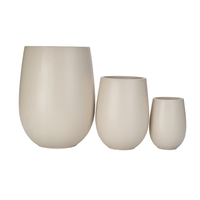 Lightweight Round  Outdoor Planter Set-3 Sizes, Light Beige