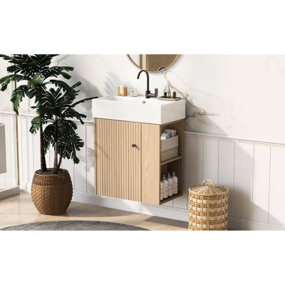 Armoire de salle de bain flottante de 21,6 po avec poignée en alliage d'aluminium, compartiment de rangement latéral, installation facile, convient aux espaces restreints Fixation de robinet de meuble-lavabo mural à un trou moderne, espaces compacts