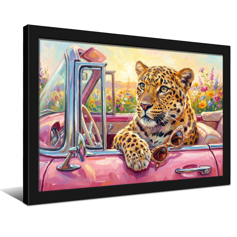 Animaux léopard dans une voiture rose avec lunettes de soleil, H 20 po x l 30 po, Toile tendue, Ne s’applique pas