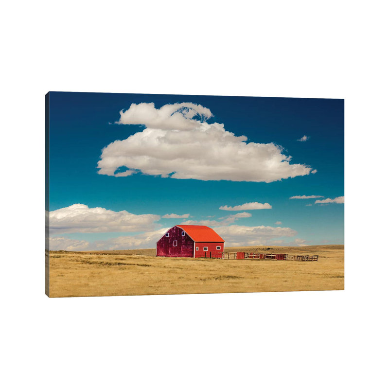 Oklahoma, USA Red Barn in Field with Puffy Clouds in Remote Oklahoma 1 Piece Wrapped Canvas Wall Art, 30.48 cm H x 45.72 cm W