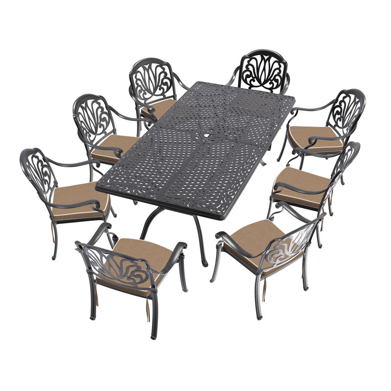 Ensemble de 9 meubles de patio en aluminium coulé avec cadre noir et coussins de siège bruns, 8